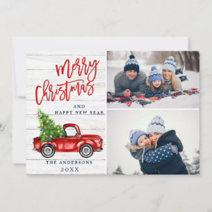 Tarjeta Festiva Navidades Retro Rústico Camión Rojo Saludo FOTOGRÁ