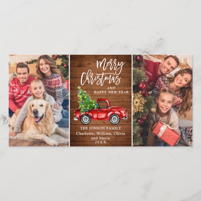 Tarjeta Festiva Navidades Retro Rústico Camión Rojo Saludo FOTOGRÁ (Anverso)