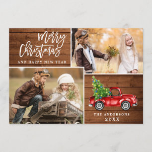 Tarjeta Festiva Navidades Retro Rústico Camión Rojo Saludo FOTOGRÁ