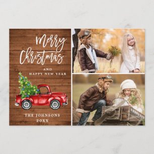 Tarjeta Festiva Navidades Retro Rústico Camión Rojo Saludo FOTOGRÁ