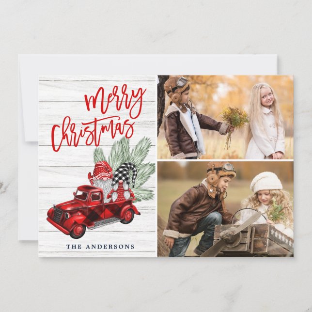 Tarjeta Festiva Navidades Retro Rústico Camión Rojo Saludo FOTOGRÁ (Anverso)
