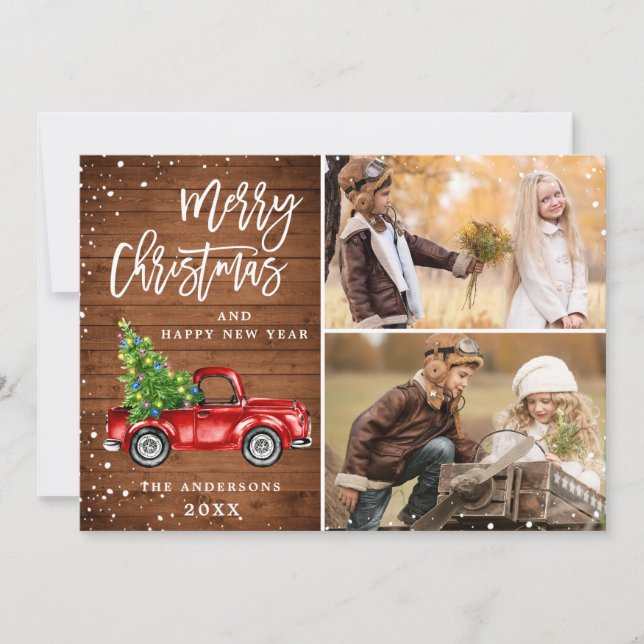 Tarjeta Festiva Navidades Retro Rústico Camión Rojo Saludo FOTOGRÁ (Anverso)