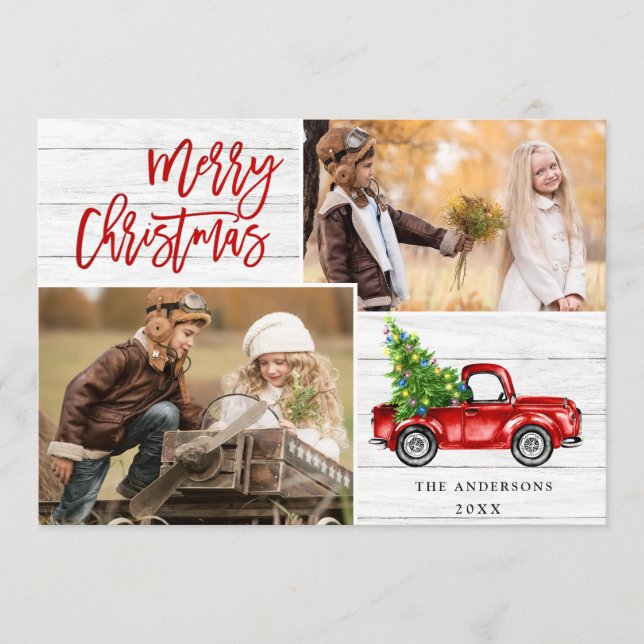 Tarjeta Festiva Navidades Retro Rústico Camión Rojo Saludo FOTOGRÁ (Anverso)