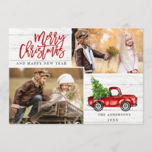 Tarjeta Festiva Navidades Retro Rústico Camión Rojo Saludo FOTOGRÁ