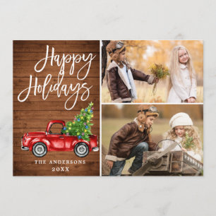 Tarjeta Festiva Navidades Retro Rústico Camión Rojo Saludo FOTOGRÁ