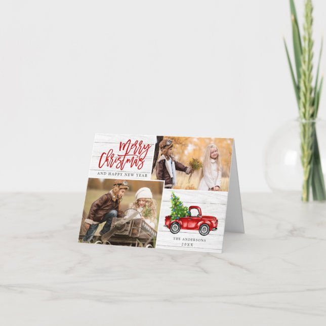 Tarjeta Festiva Navidades Retro Rústico Camión Rojo Saludo FOTOGRÁ (Anverso)