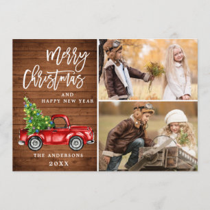 Tarjeta Festiva Navidades Retro Rústico Camión Rojo Saludo FOTOGRÁ