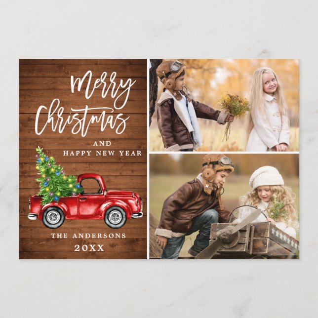 Tarjeta Festiva Navidades Retro Rústico Camión Rojo Saludo FOTOGRÁ (Anverso)