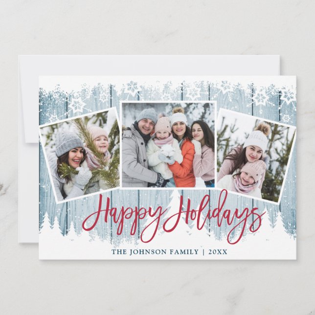 Tarjeta Festiva Navidades Retro Saludo Rústico Blue Wood 3 FOTOS (Anverso)