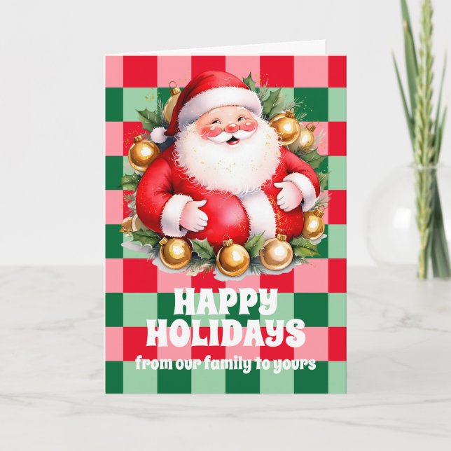 Tarjeta Festiva Navidades Retro Santa Claus Tartan Plaid (Anverso)