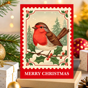 Tarjeta Festiva Navidades retro: sello de autor Robin