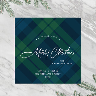 Tarjeta Festiva Navidades retro Tartán Green Blue Plaid Grey