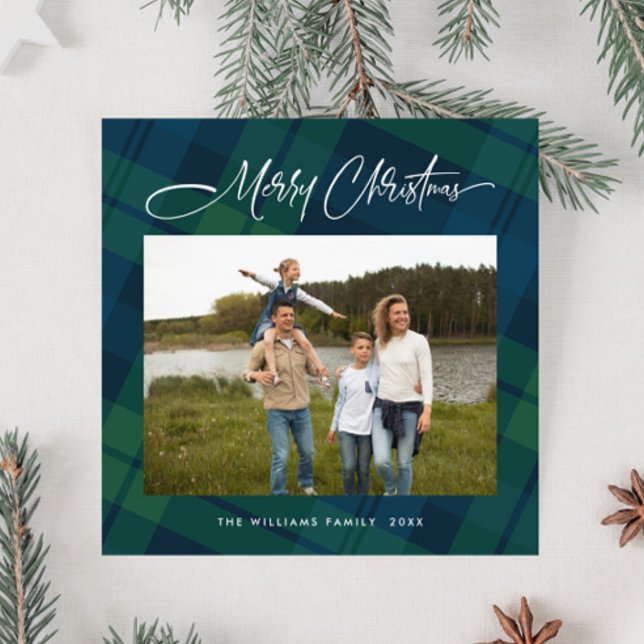 Tarjeta Festiva Navidades retro Tartan Plaid Photo Grey (Subido por el creador)