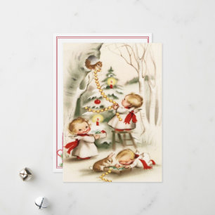 Tarjeta Festiva Navidades Retro Vintage Angels Tree Bunny Squirrel