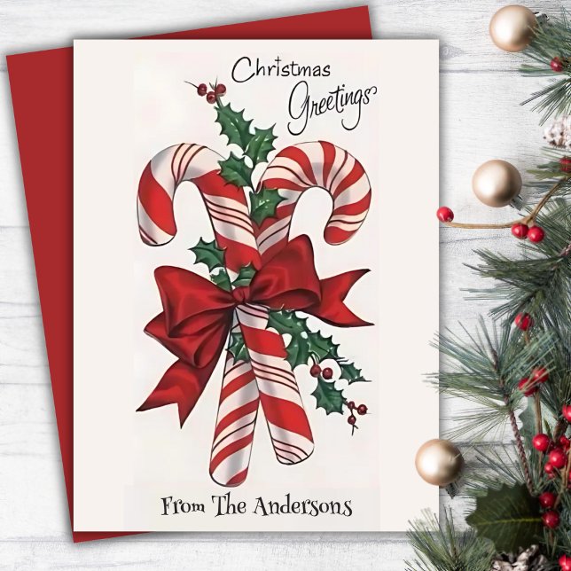 Tarjeta Festiva Navidades retro vintage Candy Canes Personalizado (Vintage Retro Christmas Candy Canes Custom Holiday Card)