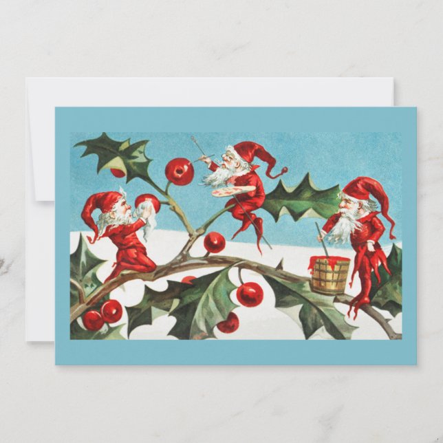 Tarjeta Festiva Navidades retro vintage Card Holly & Pixies (Anverso)