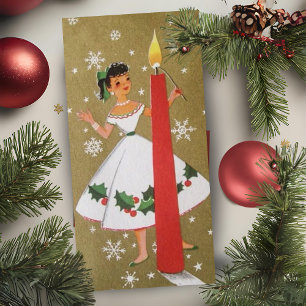 Tarjeta Festiva Navidades Retro Vintage Chica en oro y blanco