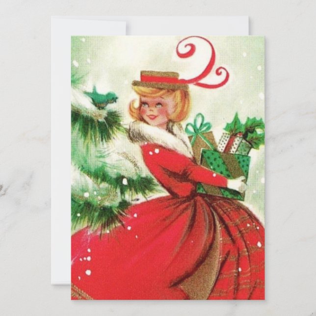 Tarjeta Festiva Navidades retro vintage mujer con presente (Anverso)