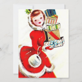 Tarjeta Festiva Navidades retro vintage mujer con presente