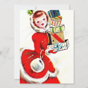 Tarjeta Festiva Navidades retro vintage mujer con presente