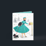 Tarjeta Festiva Navidades retro vintage mujeres con perro escocés<br><div class="desc">Navidades retro vintage con tarjeta de vacaciones de perro escocés. Dentro de esta tarjeta está en blanco para que puedas personalizarla de la manera que quieras y enviarla a tu familia y amigos durante las vacaciones.</div>