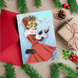 Tarjeta Festiva Navidades retro vintage mujeres vestidas de rojo