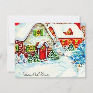 Tarjeta Festiva Navidades Retro Vintage Winter Cottage