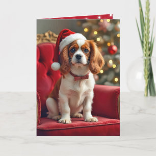 Tarjeta Festiva Navidades Rey Charles Spaniel en silla roja