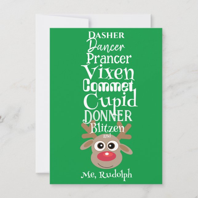 Tarjeta Festiva Navidades Rindeer Rudolph Divertido Verde (Anverso)