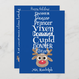 Tarjeta Festiva Navidades Rindeer Rudolph Fun Cute Azul