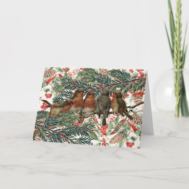 Tarjeta Festiva Navidades Robin Birds de Europa festejan la cinta  (Anverso)
