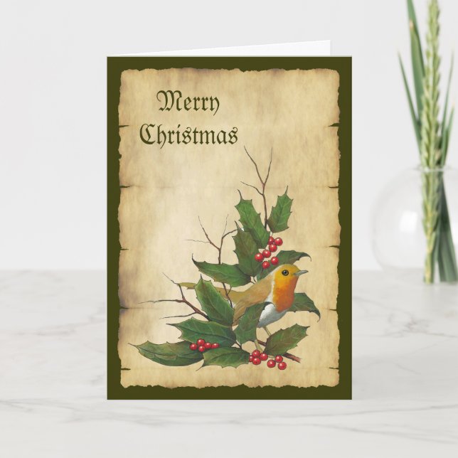 Tarjeta Festiva Navidades: Robin inglés, Parchment, Holly, Twigs (Anverso)
