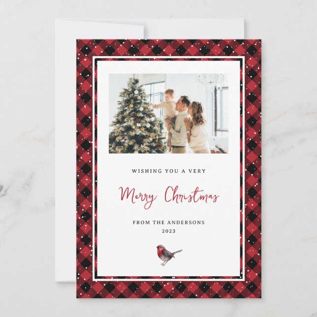 Tarjeta Festiva Navidades Robin Photo de Red Plaid Watercolor (Anverso)