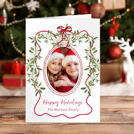 Tarjeta Festiva Navidades Rojo Wavy Frame Bow Greenery Photo