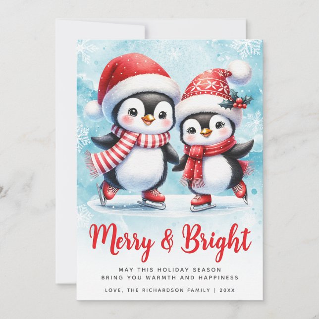 Tarjeta Festiva Navidades rojos azules de pingüino malhumorado y b (Anverso)