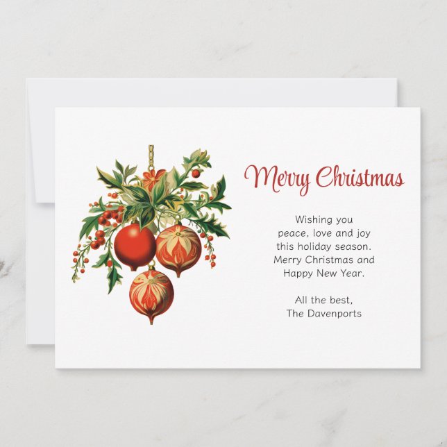 Tarjeta Festiva Navidades rojos baubles con fiesta holly (Anverso)