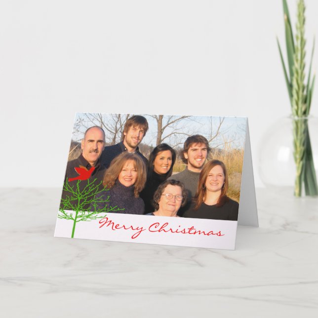 Tarjeta Festiva Navidades rojos Bird Green Tree Your Photo (Anverso)