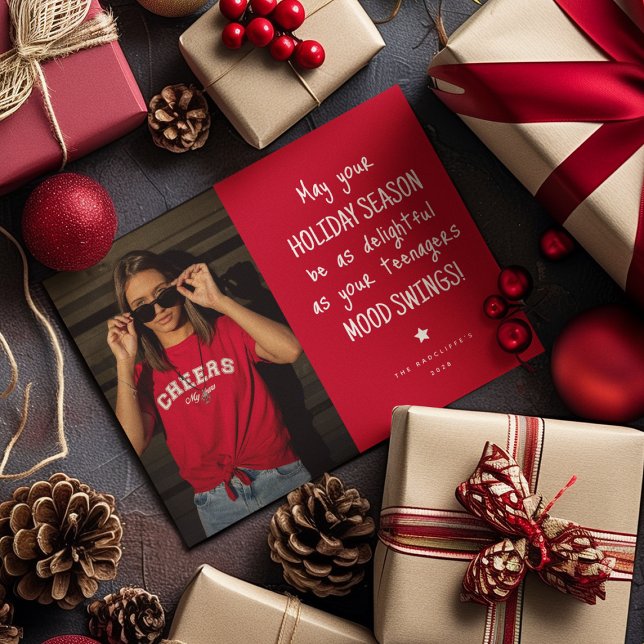 Tarjeta Festiva Navidades rojos con fotografía familiar divertida (Subido por el creador)