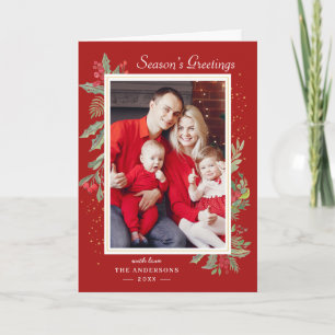 Tarjeta Festiva Navidades Rojos Confetti Oro Holly Berries Foto