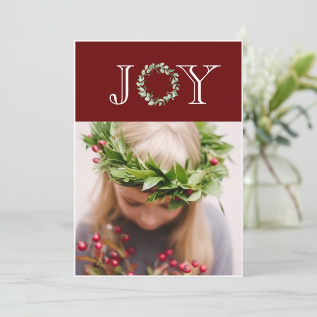 Tarjeta Festiva Navidades rojos de fotos alegres personalizados (Anverso de pie)