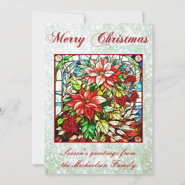 Tarjeta Festiva Navidades Rojos de Vidrio Manchado Flores Purpurin (Anverso)