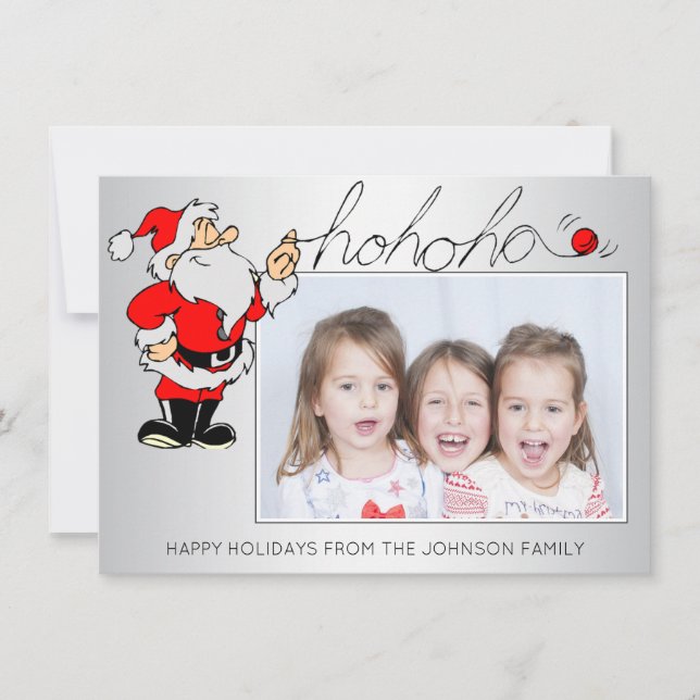 Tarjeta Festiva Navidades rojos divertidos festejan foto de Santa  (Anverso)