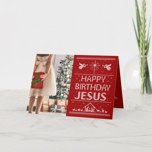Tarjeta Festiva Navidades rojos feos suéter feliz cumpleaños Jesús (Anverso)