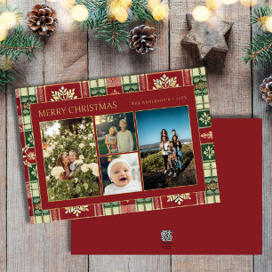 Tarjeta Festiva Navidades rojos Floral Plaid Family 4 Collage de f