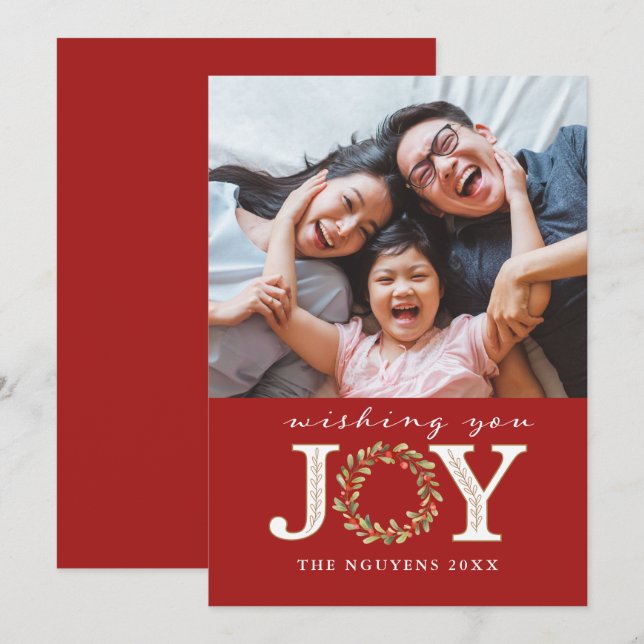 Tarjeta Festiva Navidades rojos joy acuarela Wreath Photo Card (Anverso / Reverso)