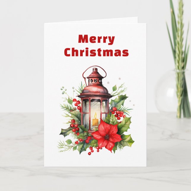 Tarjeta Festiva Navidades rojos Lantern Poinsettia y Pine (Anverso)