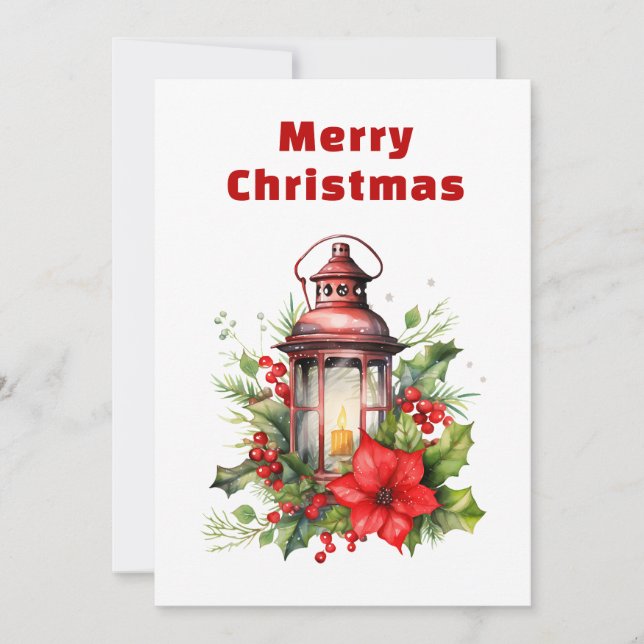 Tarjeta Festiva Navidades rojos Lantern Poinsettia y Pine (Anverso)
