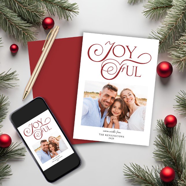 Tarjeta Festiva Navidades rojos modernos y alegres Navidades foto (Modern Red Christmas Joyful Christmas Photo Holiday Card)