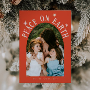 Tarjeta Festiva Navidades rojos retro de foto de Peace On Earth Ar