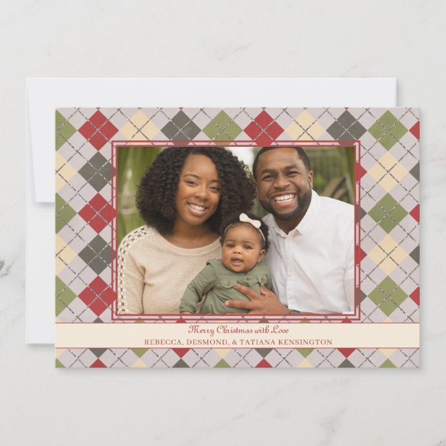 Tarjeta Festiva Navidades rojos rusos Argyle Tinsel foto festivida (Anverso)